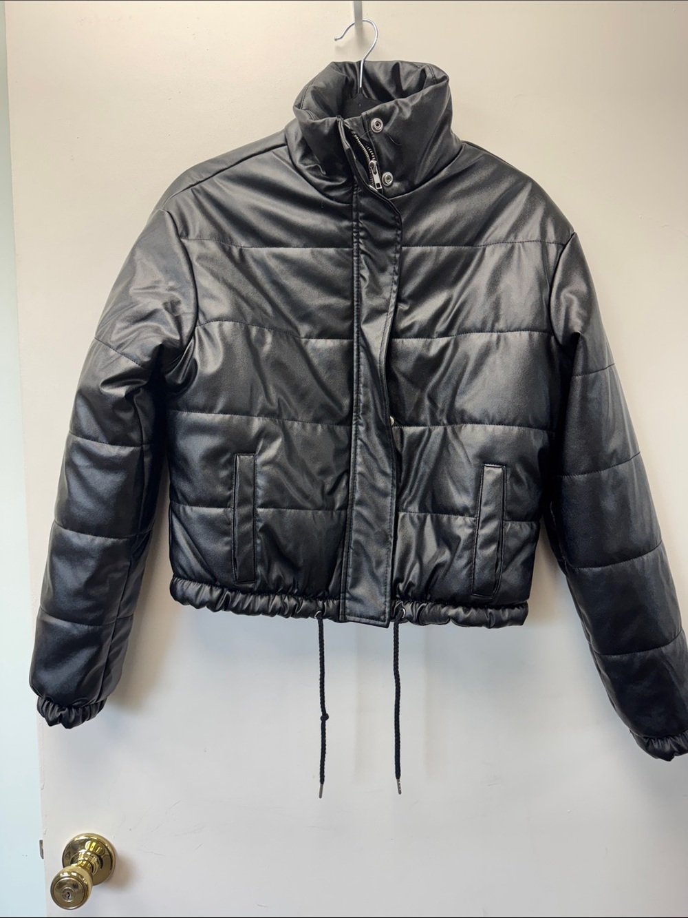 VILA Black Quilted Faux-Leather Cropped Puffer Jacket